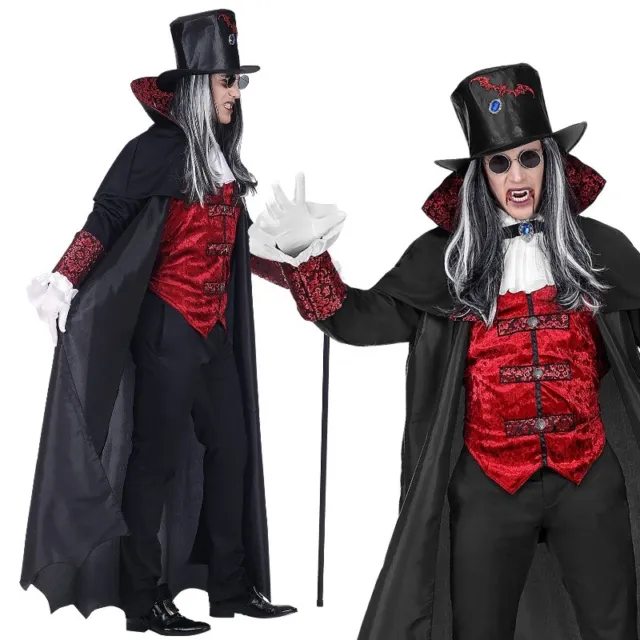 VAMPIR DRACULA Herren Kostüm - Halloween langer Mantel mit Weste Jabot, Zylinder