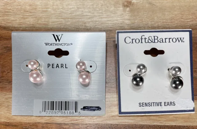 Croft & Barrow Silver-Tone / Worthington Pink Double Pearl Earrings NEW-LOT OF 2