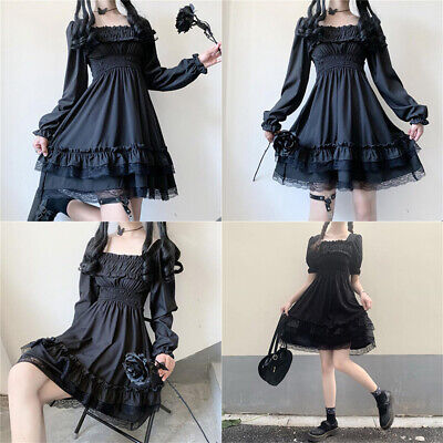 Party Dresses Slash Lolita Style Puff Sleeve Lace Ruffles Princess Black Gothic