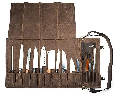 EVERPRIDE Waxed Canvas and Leather Chef Knife Roll Bag – Chef Bag Holds 10 Kn...