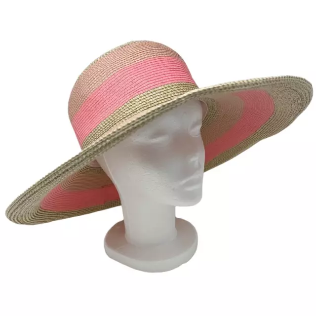 Eric Javits Striped Coral Pink Tan Gold Packable Wide Brim Woven Sun Hat