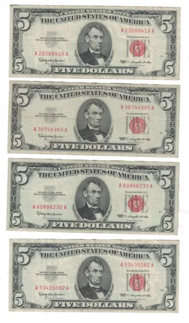 1963 $ 5 Five Dollars Red Seal Small Note Fr.1536/ Price For Each Note.