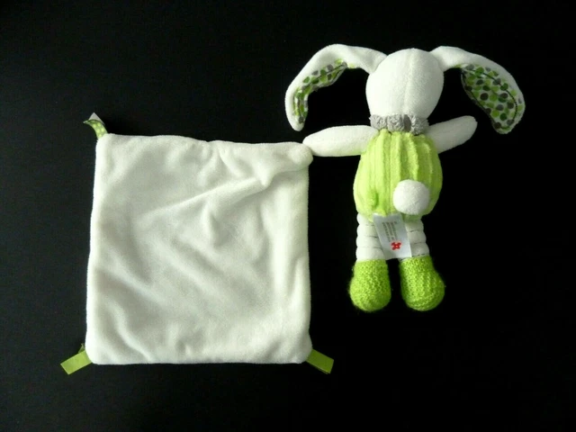 *. Doudou Peluche Nicotoy Lapin Blanc Vert Gris Pois Mouchoir Exc. Etat 3