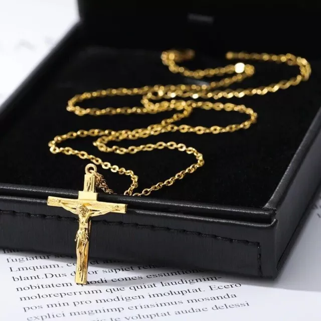 Gold Christian Catholic Jesus Cross Crucifix Necklace Jewelry Stainless Steel