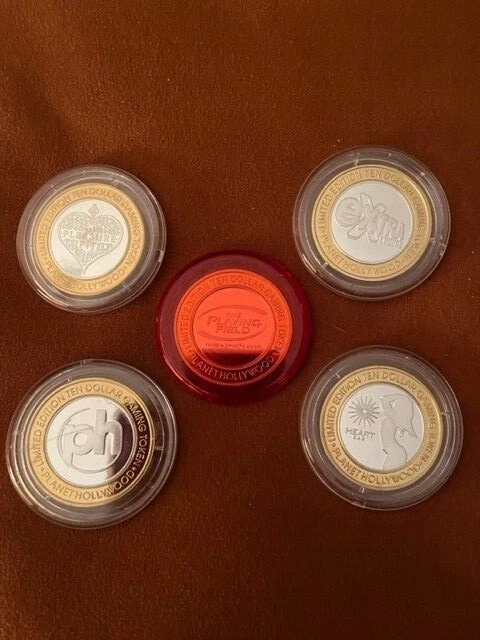 Silver Strike Casino Tokens Planet Hollywood Set of 5.  Rare