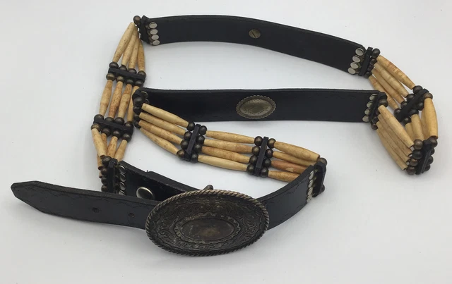 Vtg Hair Pipe Conchos Beaded Brown Leather Belt. Size 44