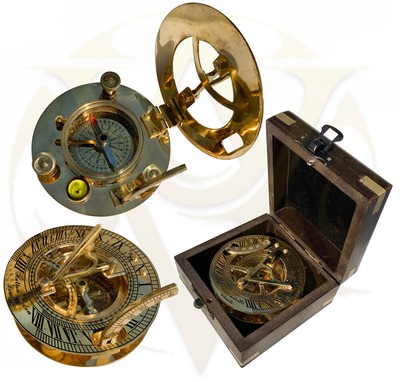 Antico Meridiana Bussola Rotonda Treppiede Base Ottone Vintage Navigazione Marittima con Scatola di Legno Regalo di Natale 