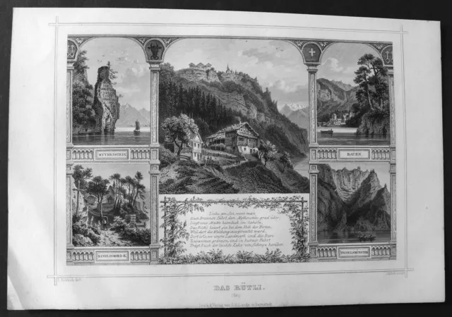 Rütli Seelisberg Bergwiese Uri Schweiz Svizzera gravure Stahlstich Rohbock Kolb