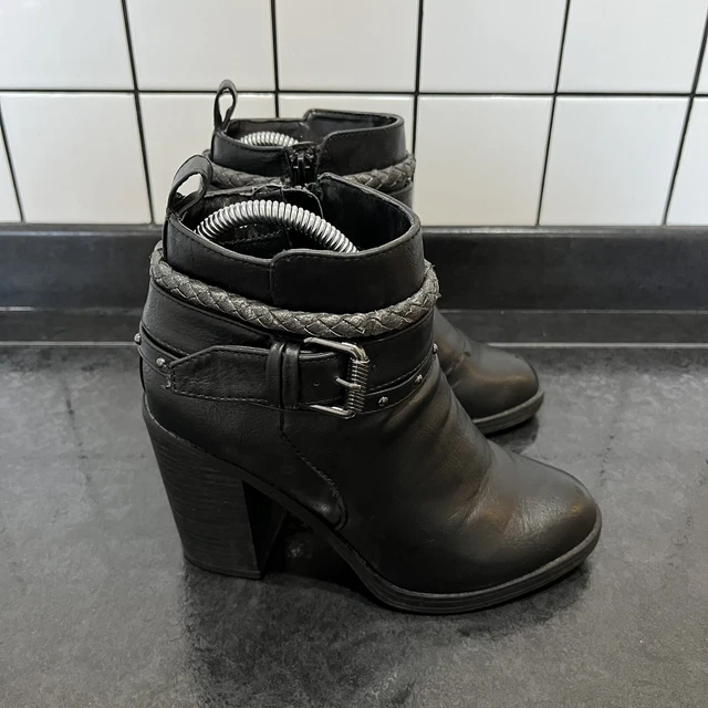 NEW LOOK UK 4 EU 37 WOMEN'S BLACK ZIP&BUCKLE BLOCK HEEL ANKLE BOOT