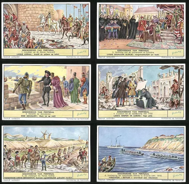 6 Sammelbilder Liebig, Serie Nr. 1680: Geschiedenis van Portugal, Inscheping de