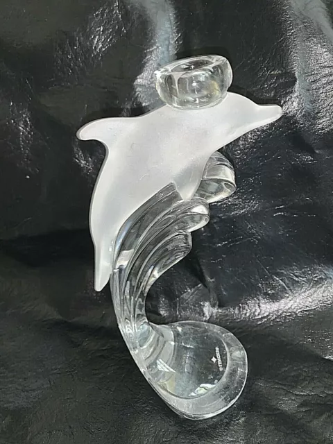 Lenox Fine Crystal 9" Nautical Frosted Dolphin On Ocean Wave Candlestick Holder