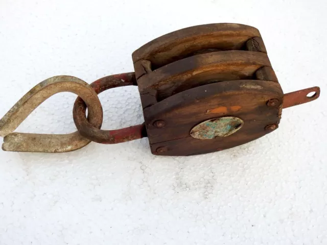 Vintage Nautical Maritime Large Wooden Pulley Rustic Barn Iron Hook Block Tackle