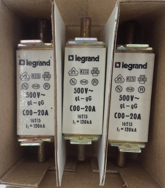 3 X Legrand 3 NH-C00 Sécurité 16215 Insert Fusible 20A 500V Nh Sécurité 3