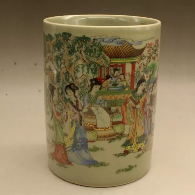 5.3" China Famille-rose Porcelain Ancient Beautiful Woman Brush Pot Pencil Vase
