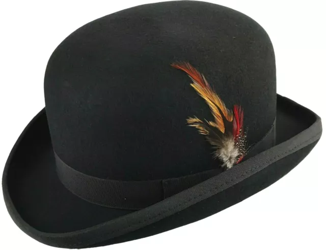 💎Quality Hand Made Mens Bowler Hat With Feather & Satin Lining 100% Wool