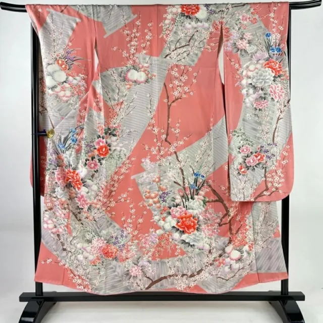 Japanese Kimono Furisode Pure Silk Bract Leaf  Blooming Flowers Salmon Pink