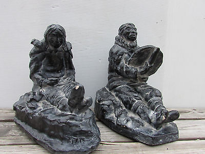 Vintage Pair of Bookends Statues Eskimo Inuits Signed ARNAKDAKSAK