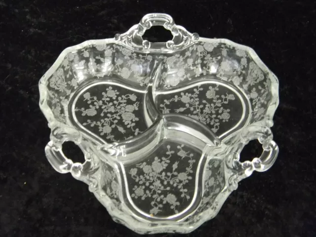 c 1930's Cambridge Rose Point Elegant Crystal 3-Part Divided Relish Dish 8" Wide