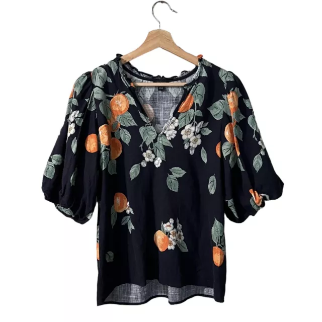 Ann Taylor Linen Top Size Medium Balloon Puff Sleeve V Neck Tunic Oranges Floral