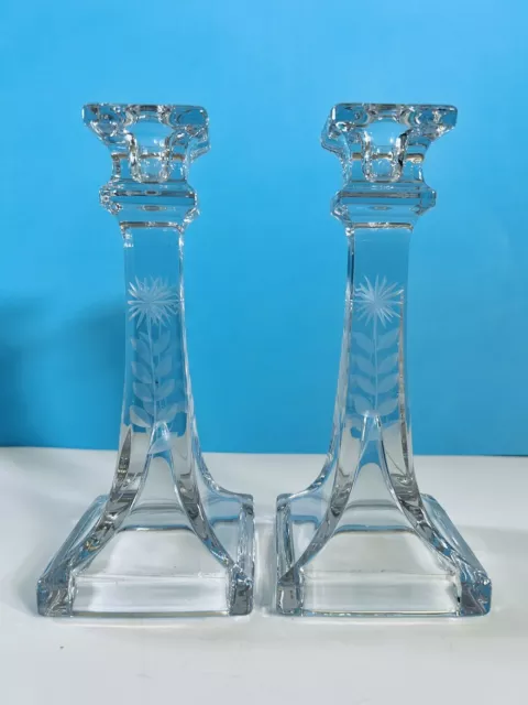 Vintage Pair of Squared Glass Pillar Candlesticks Etched Flower and Stem Design