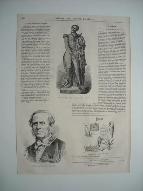 Gravure 1855. M. Humann, Ex-Maire Strasbourg. Statue General Daumesnil Vincennes