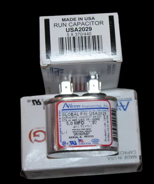 NEW 5 MFD x 370/440 VAC Oval Run Capacitor AmRad USA2029 Made in USA 5.0x370/440