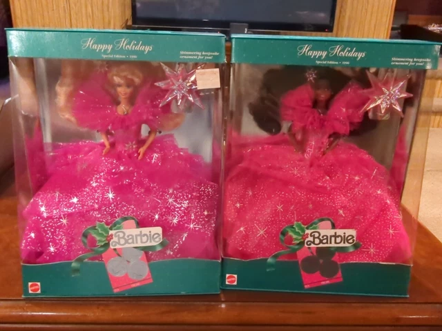 2 Mattel Happy Holidays Barbie Dolls 1990 - Caucasian & African American