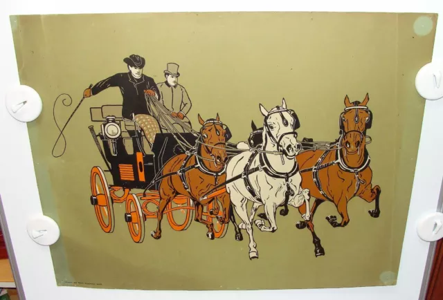 ORIG 1900's FRED TOLMAN JOB PRINT - CHROMOLITHOGRAPH - MEN WITH 4 HORSE CARRIAGE