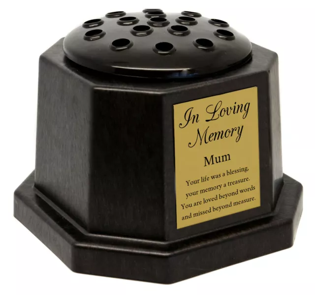 Black grave memorial graveside flower vase with gold in loving memory plaque