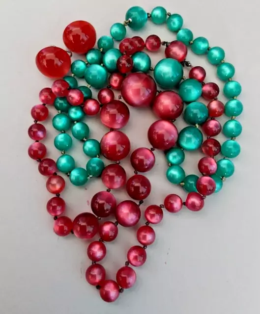 Vintage Lucite Moonglow Bead 2 Necklace Set Green & Plum w Red Earrings