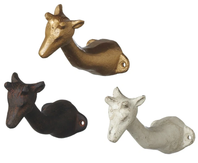 Gold White and Brown Giraffe Animals Wall Hooks Set of 3 Painted Cast Iron
