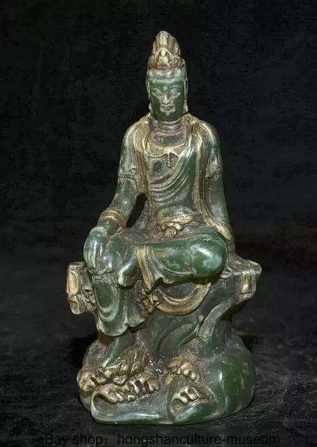 6.4 " China Green Jade Gilt Carved Buddhism Guanyin Kwan-Yin Buddha Statue