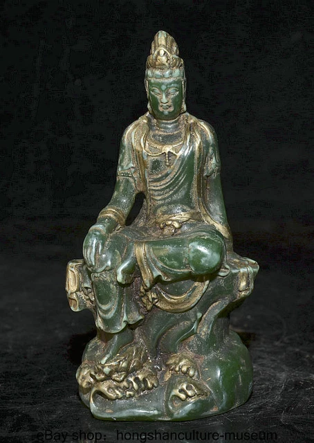 6.4 " China Green Jade Gilt Carved Buddhism Guanyin Kwan-Yin Buddha Statue