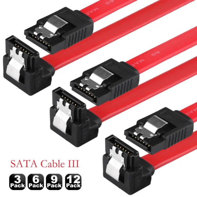 3/6/9/12-Pack SATA Cable III 6Gbps 90 Degree Right Angle with Locking Latch 45CM