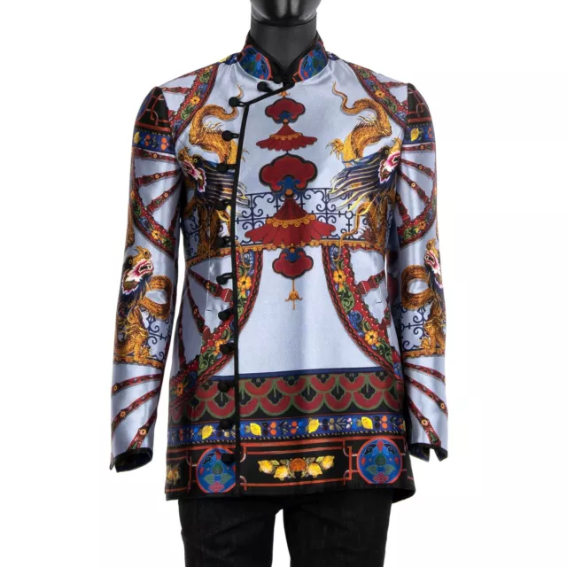 DOLCE & GABBANA Carretto Chinese Dragon Print Silk Blazer Jacket Blue 46 US 36 S