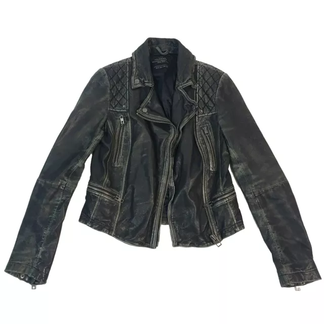 AllSaints Cargo Biker Black Leather Jacket Distressed Size UK 8