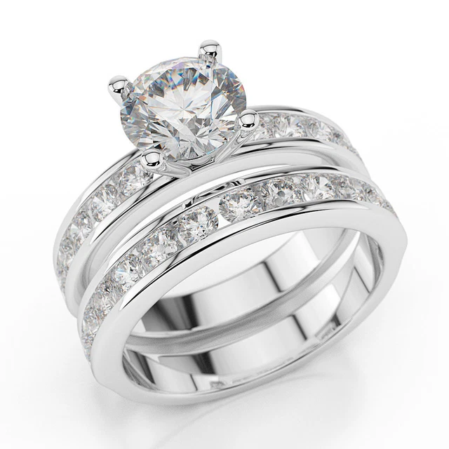 1.85 KT F/SI1 Luccicante Rotondo Cut Diamond Engagement Set Anello 14K Bianco