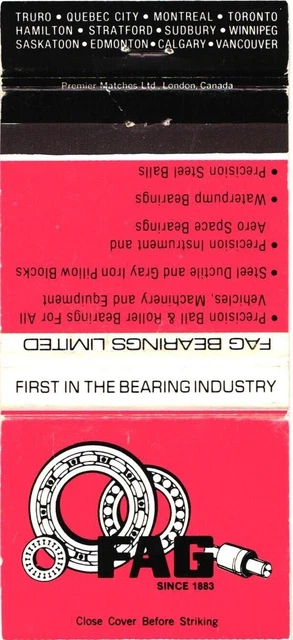 Truro Quebec City Montreal Canada Fag Bearings Limited Vintage Matchbook Cover