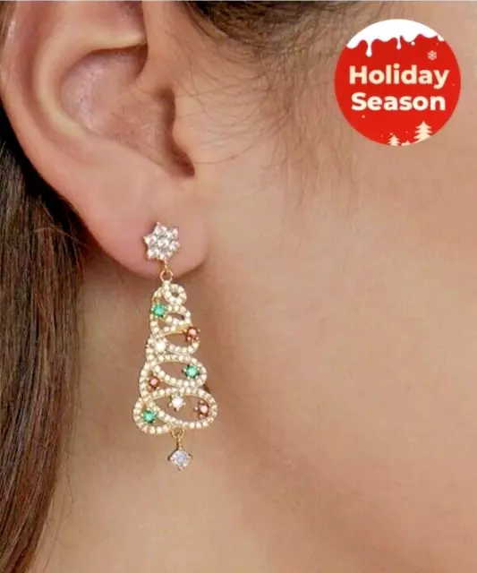 9k Gold Fil Luxury Zircon Crystal Christmas Tree Earrings Stud Dangle Women Gift