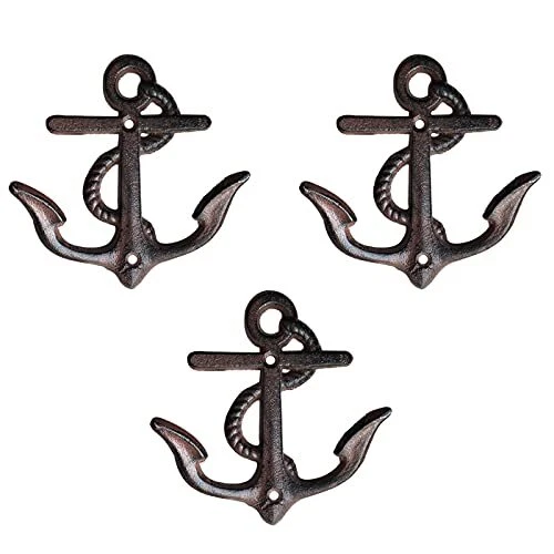 3 Pcs Vintage Rustic Cast Iron Nautical Anchor Design Wall Hooks Coat Hooks R...