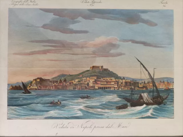 1845 ca. Veduta di Napoli presa dal Mare Acquaforte Acquerellata In Pass