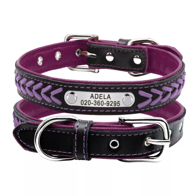 Personalised Dog Collar Braided Soft Padded Leather with Custom Pet Name ID Tag