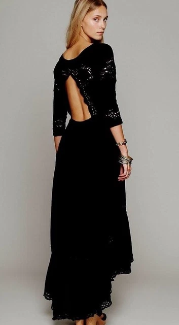 FREE PEOPLE MEXICAN Wedding Maxi Dress Crochet Embroidered Black Hi Low 2 S  $199.99