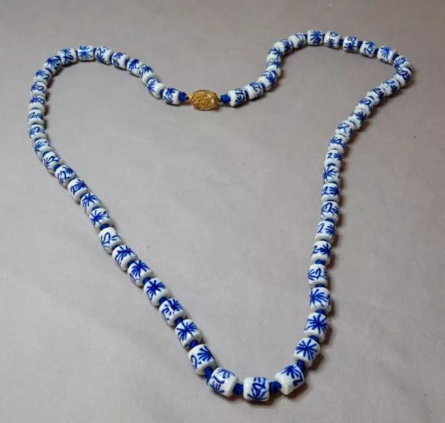 Old Chinese Handpainted Porcelain Bead Necklace With A Gilded Filigree Catch