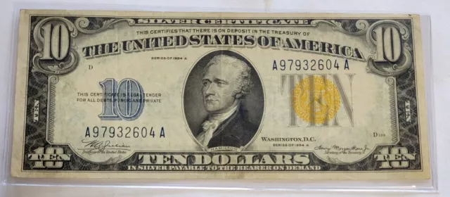 Series Of 1934 A $10 Yellow Seal Wwii North Africa Silver Certificate Xf/Au