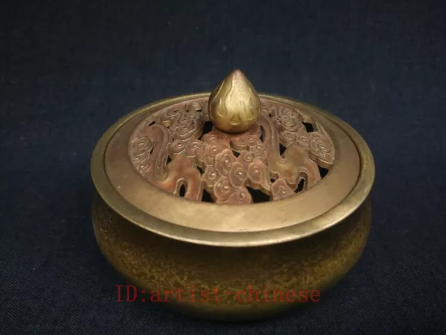 Collect Delicate China Old Bronze Carved Clouds Smoked Incense Burner Decoration 2