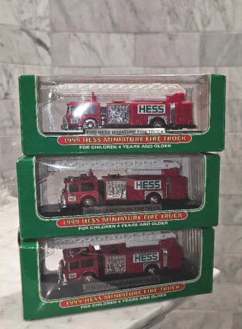 3 1999 Hess Oil Company Miniature Fire Truck on Stand NEW, LIGHTNING FAST SHIP