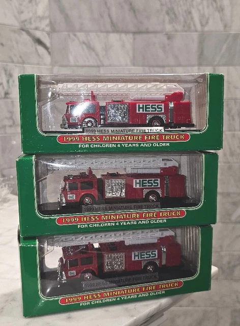3 1999 Hess Oil Company Miniature Fire Truck on Stand NEW, LIGHTNING FAST SHIP