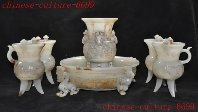 China natural Hetian jade carved Wine vessel Wineware bottle Cup a set of