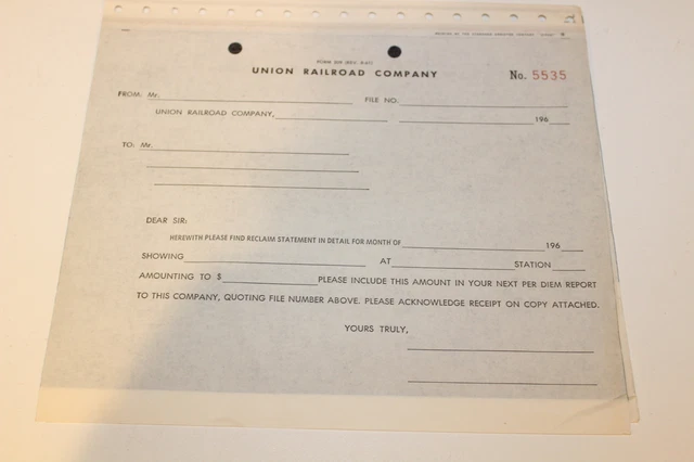 Vintage railroad train ephemera 1960s Union Railroad Company Form 209